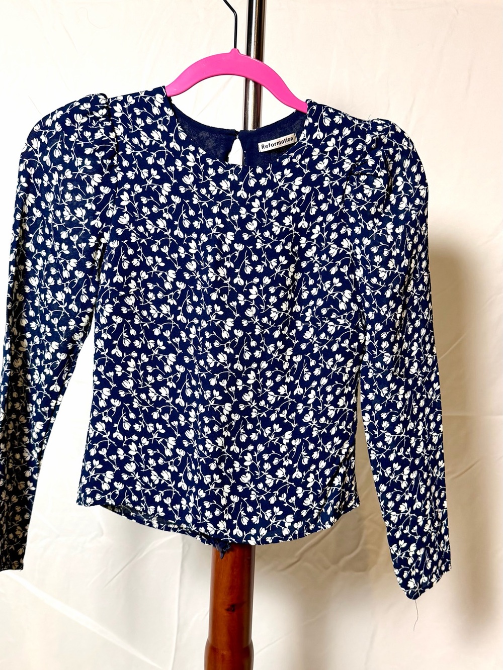 Reformation Navy White Floral Long puff Sleeve Blouse